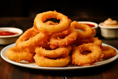 Onion Rings Galore: A Condiment-Adorned Plateful of Delightful Crunchiness. Generative AIの素材