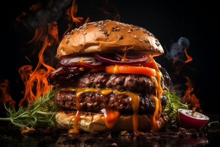 Sizzling Beef Patty: Scrumptious Hamburger on a Black Background. Generative AIの素材