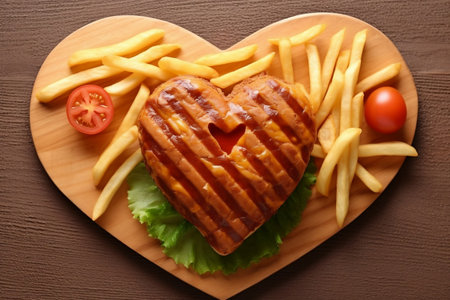 Love-Infused Burger and Fries: A Heart-Shaped Delight. Generative AIの素材