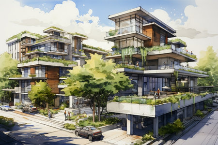 A Glimpse of Sustainable Urban Architecture. Generative AIの素材