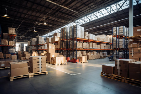 Efficient Showcase Interior of an Organized Warehouse. Generative AIの素材