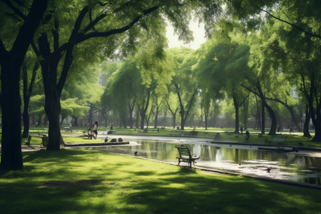 Tranquil Green City Park People-Free Scene. Generative AIの素材