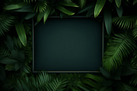 Centered Square Frame Surrounded by Dark Green Leaves. Generative AIの素材