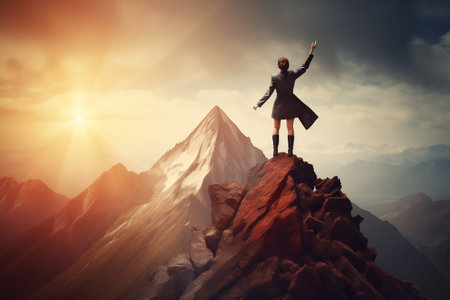 Triumphant Businesswoman Conquers Mountain Peak. Generative AIの素材
