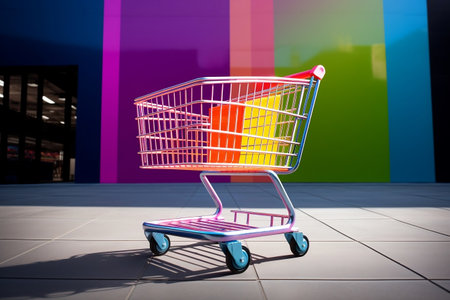 Vibrant Shopping Concept with Colorful Shopping Cart. Generative AIの素材