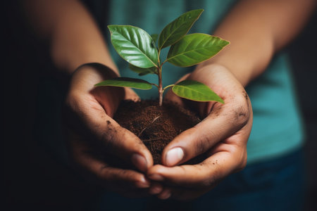 Gentle Hand Cradling a Lush Green Plant. Generative AIの素材