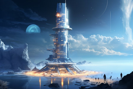 Towering Lighthouse Futuristic Digital World. Generative AIの素材