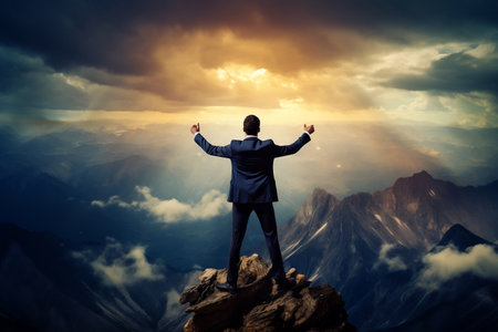 Businessman Conquering Mountain Summit. Generative AIの素材