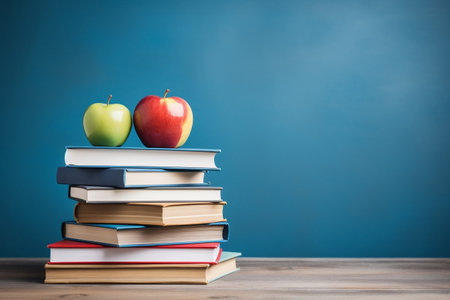 Apple With Books on Blue Background. Generative AIの素材