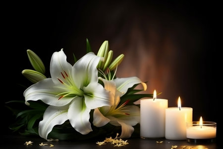 Elegant Lily and Enchanting Candle on Dark Background. Generative AIの素材