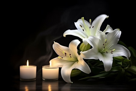 Elegant Lily and Enchanting Candle on Dark Background. Generative AIの素材