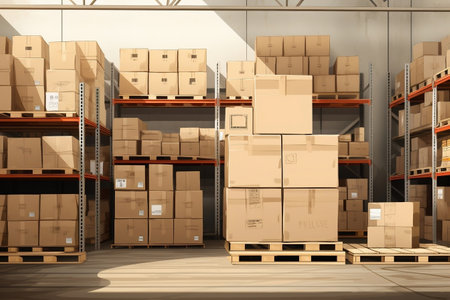 Warehouse Shelves and Cardboard Boxes. Generative AIの素材