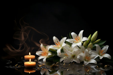 Elegant Lily and Candle on Dark Background. Generative AIの素材