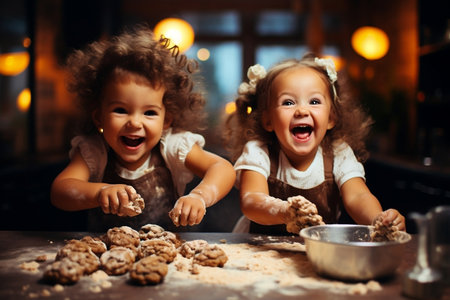 Joyful Kids Baking in the Kitchen. Generative AIの素材