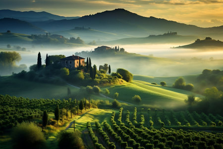 Golden Hour Fog over Tuscan Hills. Generative AIの素材