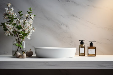 Minimalist White Bathroom Interior with Marble Table. Generative AIの素材
