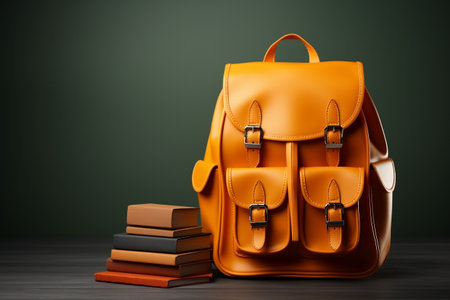 Vintage Orange Backpack with School Supplies on Table. Generative AIの素材