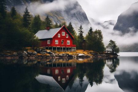 Norwegian Culture Red Cottage. Generative AIの素材