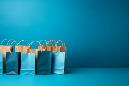 Blue Shopping Bags on Blue Background. Generative AIの素材
