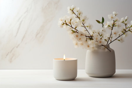 Elegant Scented Candle with Vases on White Table. Generative AIの素材