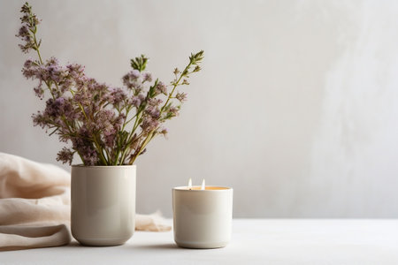 Elegant Scented Candle with Vases on White Table. Generative AIの素材
