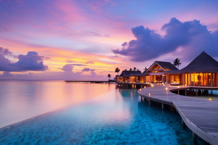 Maldives Sunset Panorama at Luxury Resort. Generative AIの素材