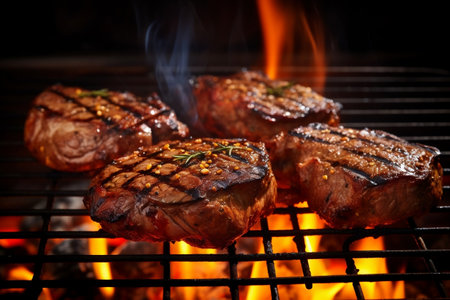 Sizzling Beef Steaks on Grill with Smoke and Flames. Generative AIの素材