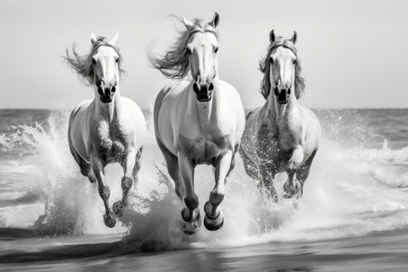 White Horses Running Along the Coast. Generative AIの素材
