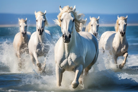 White Horses Running Along the Coast. Generative AIの素材