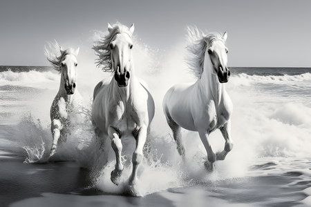 White Horses Running Along the Coast. Generative AIの素材