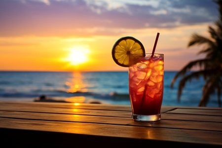 Cocktail on Wooden Table by the Beach. Generative AIの素材
