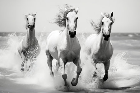 White Horses Running Along the Coast. Generative AIの素材