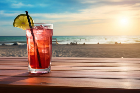 Cocktail on Wooden Table by the Sea. Generative AIの素材