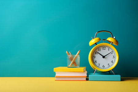 Vibrant School Supplies with Yellow Alarm Clock. Generative AIの素材