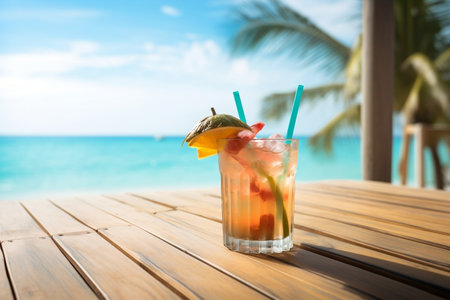 Cocktail on Wooden Table by the Beach. Generative AIの素材