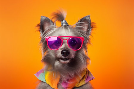 Adorable Dog in Sunglasses and Colorful Shirt. Generative AIの素材
