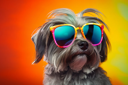 Adorable Dog in Sunglasses and Colorful Shirt. Generative AIの素材