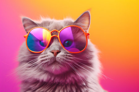 Adorable Cat in Sunglasses and Colorful Shirt. Generative AIの素材