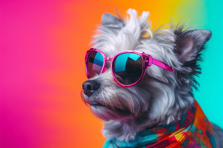 Adorable Dog in Sunglasses and Colorful Shirt. Generative AIの素材