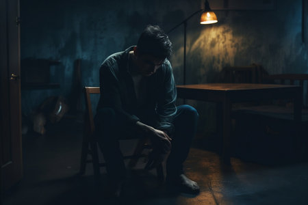 Lonely Man in Dim Room. Generative AIの素材