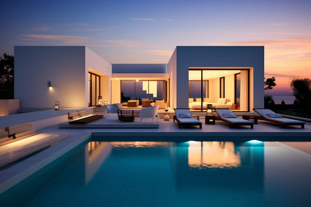 Modern Cubic Villa with Swimming Pool Exterior. Generative AIの素材