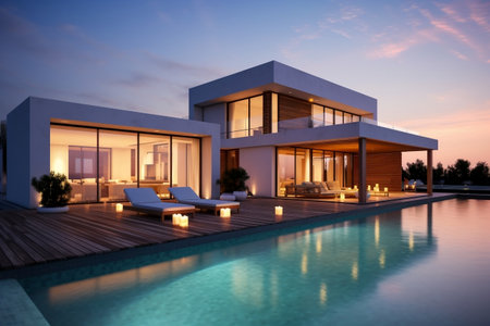 Modern Cubic Villa with Swimming Pool Exterior. Generative AIの素材