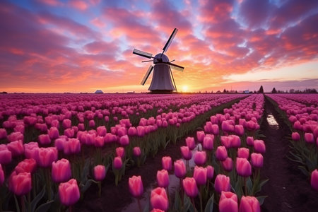 Dutch Tulip Field and Windmill. Generative AIの素材