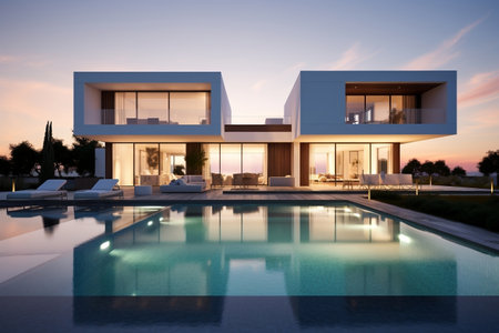 Modern Cubic Villa with Swimming Pool Exterior. Generative AIの素材