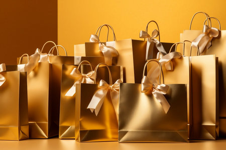 Golden Shopping Bags on a Gold Background. Generative AIの素材