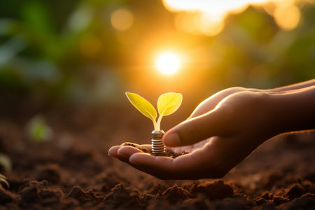 Innovative Lightbulb in Soil with Sunshine. Generative AIの素材