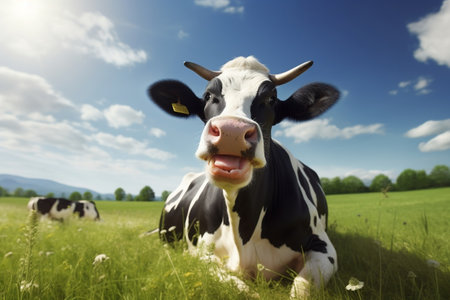 Happy Free Dairy Cow on Green Meadow. Generative AIの素材