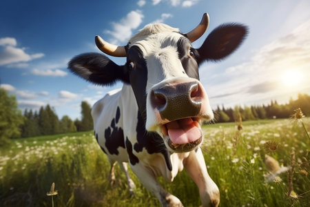 Happy Free Dairy Cow on Green Meadow. Generative AIの素材