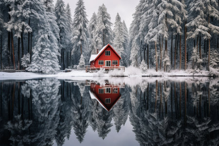 Tranquil Lakeside Cabin. Generative AIの素材