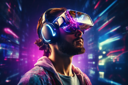 Man in VR Glasses with Global Internet Connection. Generative AIの素材